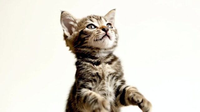 A cute tabby kitten standing on its hind legs and looking up with mouth open