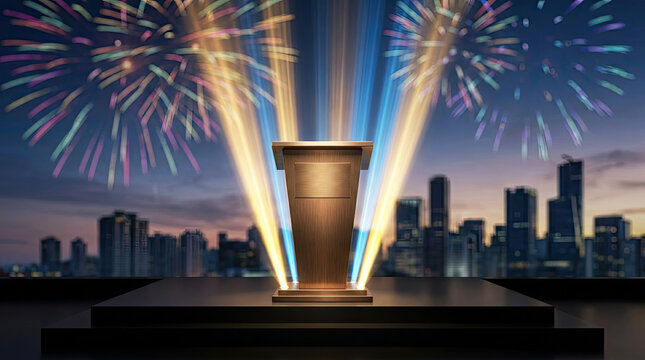 A grand podium stands illuminated by powerful spotlights, casting beams of light across a cityscape at night. Fireworks explode in the background, adding a vibrant and celebratory atmosphere.