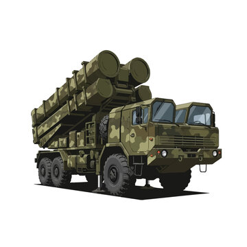Military mobile missile launcher truck with camouflage pattern and multiple launch tubes, vector illustration of a surface-to-air missile system isolated on white background.