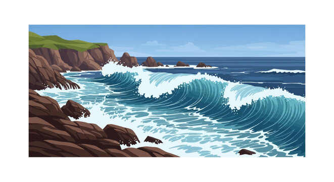 Vector illustration of powerful turquoise ocean waves crashing against a rugged brown rocky coastline with white sea foam under a clear blue sky and green grassy cliffs.