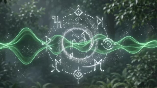 3D render ethereal glowing white and green magical sound waves undulating softly in a dark atmospheric misty forest, surrounded by bright sparkling fairy dust and ancient runic mag