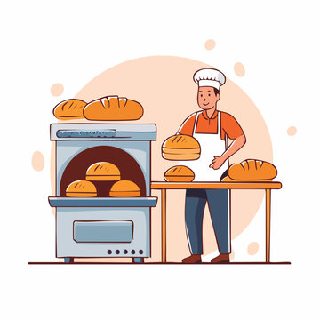 Baker with fresh bread near oven