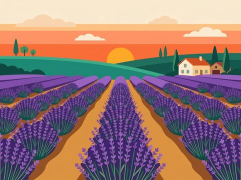 Lavender field at sunset with a small house and rolling hills golden hour lavender landscape countryside agriculture provence fragrant botanical relaxation peaceful plantation cultivation