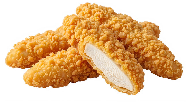 Crispy fried chicken strips, one cut in half as isolated object