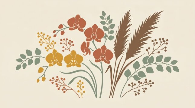 Bohemian style floral arrangement with orchids and pampas grass dried flowers earth tones muted colors hand drawn floral design bohemian arrangement botanical illustration decorative