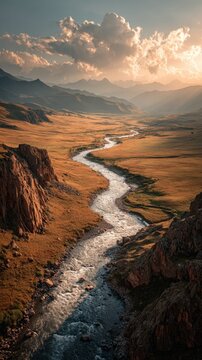 Epic aerial view of Aras River flowing through a rugged valley with glimmering water, mist rising, surrounded by green plains and distant mountains, under dramatic golden clouds and cinematic sunlight