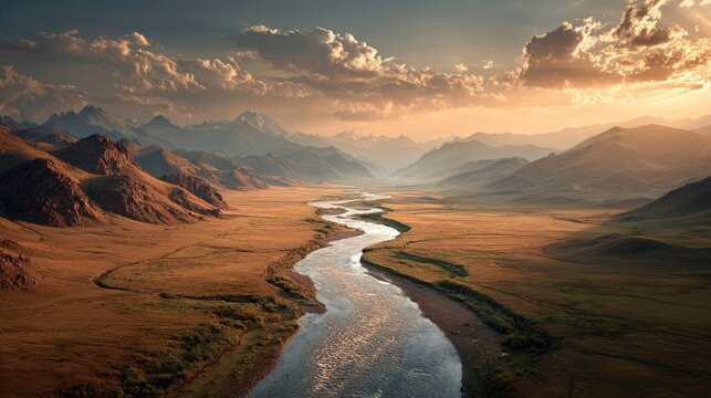 Epic aerial view of Aras River flowing through a rugged valley with glimmering water, mist rising, surrounded by green plains and distant mountains, under dramatic golden clouds and cinematic sunlight