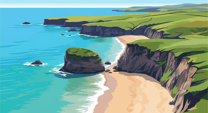 Vector illustration of an aerial view of a coastline with high green cliffs, a sandy beach, turquoise ocean water, sea stacks, and a horizon line under a clear blue sky.