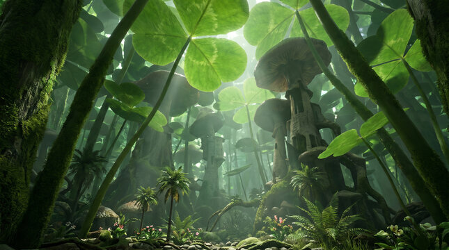 Fantastical jungle floor landscape with colossal colourful seed pods and giant red mushroom structures rising into the air, ideal for children fairy tale layouts, creative poster designs