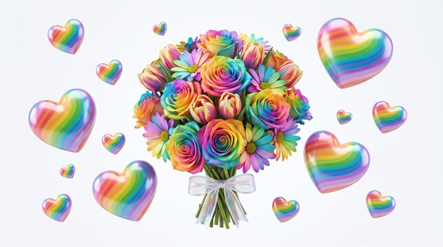 Pride Bouquet with Ribbon and Floating Hearts