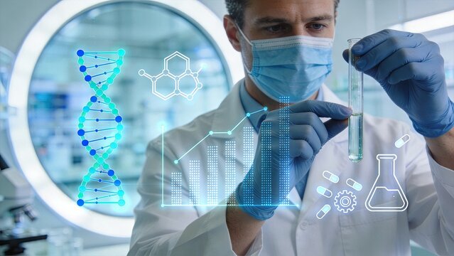 Scientist analyzing test tube with DNA hologram, genetic research, molecular biology, pharmaceutical development, laboratory experiment, data analysis chart, chemical structure