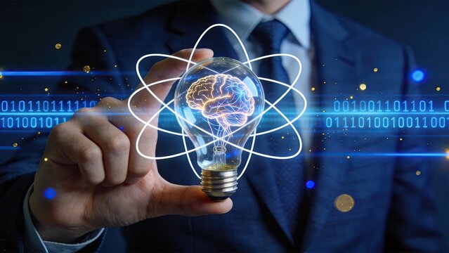 Businessman holding lightbulb with glowing brain inside, surrounded by binary code and digital network lines, symbolizing artificial intelligence innovation and smart technology