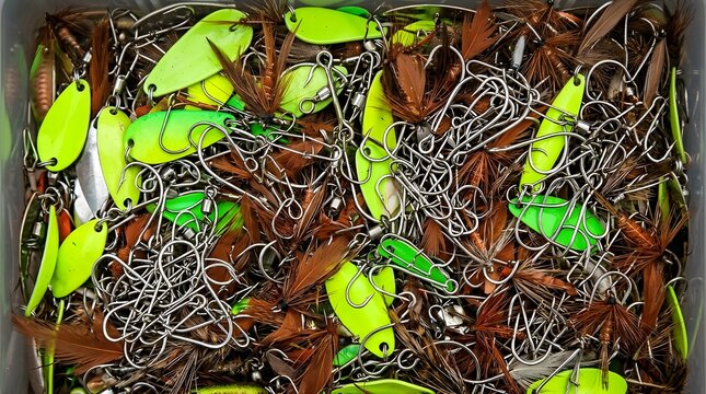A large pile of fishing lures and hooks, ready for your next angling adventure