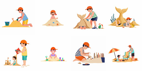 Fototapeta premium Collection of children playing on the beach, building sandcastles, making sand sculptures, and enjoying summer activities in various cute flat vector illustrations