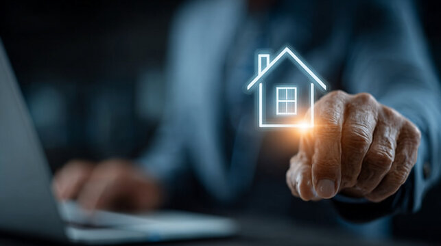 Man interacting with glowing house icon on screen, real estate investment concept, indoors, dark