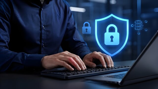 Cyber security data protection concept with man working on computer and glowing shield icon