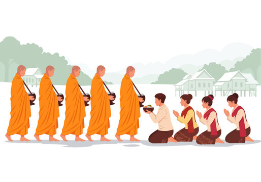 Buddhist monks receiving alms from kneeling devotees in traditional ceremony.