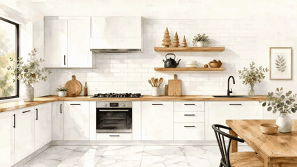 Charm Cozy Modern Kitchen isolated watercolor vector illustration svg © Arun168
