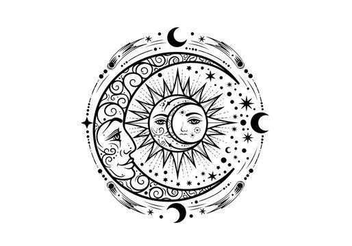 Mystical Celestial Illustration with Sun and Moon Faces.