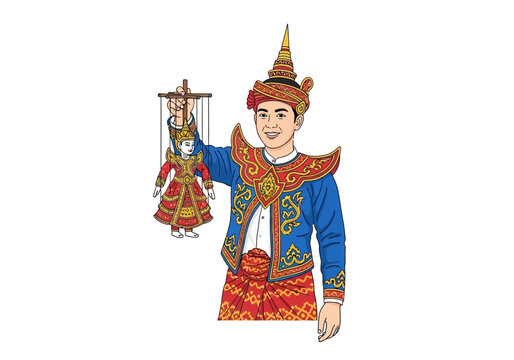 Burmese traditional puppeteer performer with marionette doll illustration.