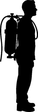 Person silhouette wearing breathing apparatus and oxygen tank