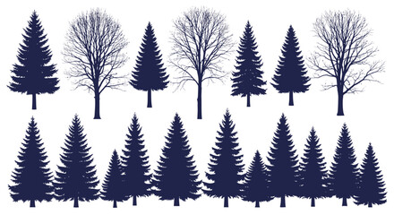 Fototapeta premium Collection of Pine and Bare Trees Silhouettes, Vector Graphics