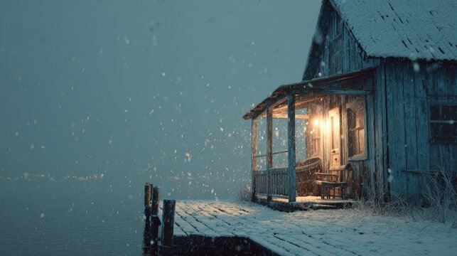 Small wooden cabin with old porch and dock in snowy winter night, warm light glowing inside, foggy blizzard atmosphere, cinematic lonely scene, dreamy lake background, evocative winter landscape