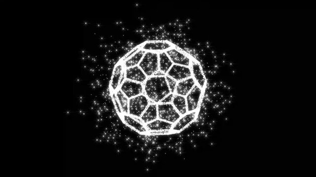 Array buckyball 3D animation with an alpha channel is loopable particle background. Rotating spinning energy ball Bucky pattern, glowing particles and light dots on black background. 4k video