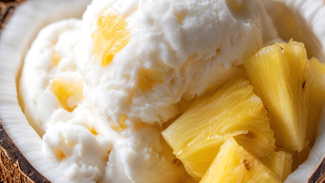 Creamy ice cream with pineapple chunks texture, tropical frozen dessert