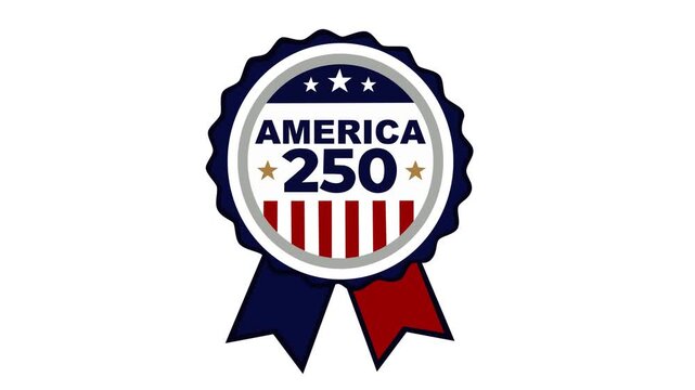 Animated patriotic footage featuring an America 250 ribbon badge with stars and stripes elements. Ideal for national celebrations, Independence Day events, historical tributes, and USA campaigns.