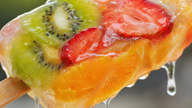 Colorful mixed fruit ice cream texture, tutti frutti frozen dessert macro