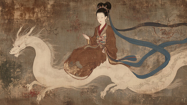 East Asian painting female figure in brown robe dark hair floral adornments sitting on white creature with long scrolling tail small horn subtle red details near paws face blue ribbons held by woman a