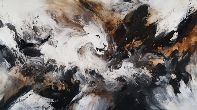 Abstract expressionism white lion center swirling monochrome strokes organic landscape like texture