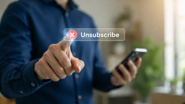 Closeup of a persons hand pressing a virtual unsubscribe button on a digital interface while holding a smartphone