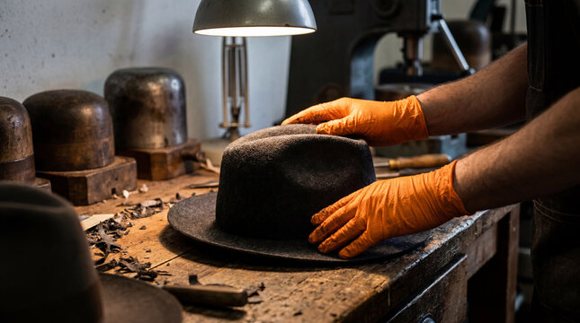 Close-up of a skilled artisan's hands shaping a felt hat on a workbench in a traditional hat making workshop
