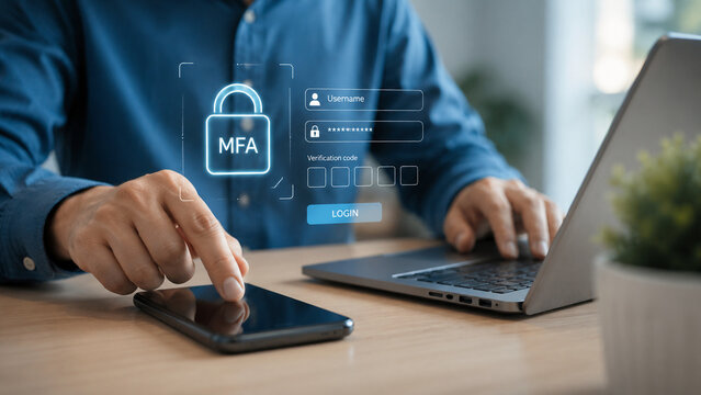 Multifactor authentication concept with person using smartphone and laptop for secure login
