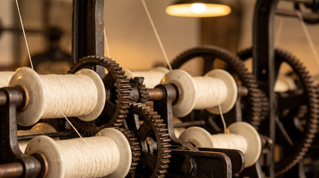 Close-up of a vintage textile machine with spools of thread* and intricate gears, highlighting old industry