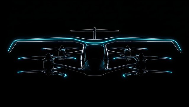 Futuristic conceptual eVTOL aircraft silhouette with liquid glass refraction and cyan neon lines misso mobility