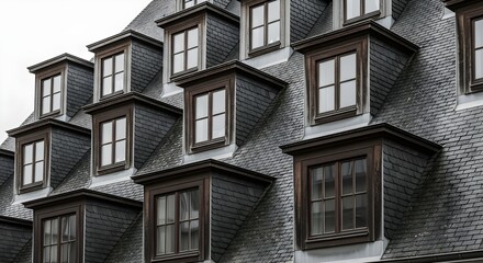 Obraz premium Dormer Windows On A Slate Roof With A Cloudy Sky