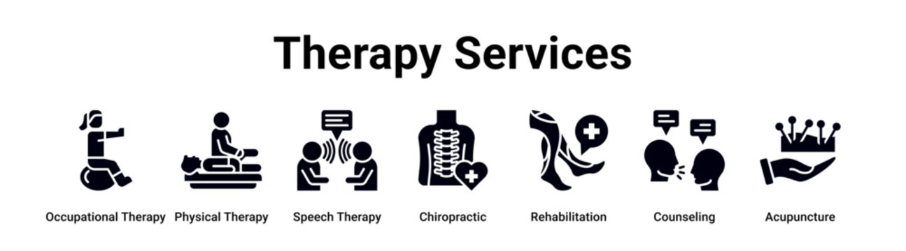 Therapy Services web banner icon vector illustration concept for medical with icon of Occupational Therapy, Physical Therapy, Speech Therapy, Chiropractic, Rehabilitation.