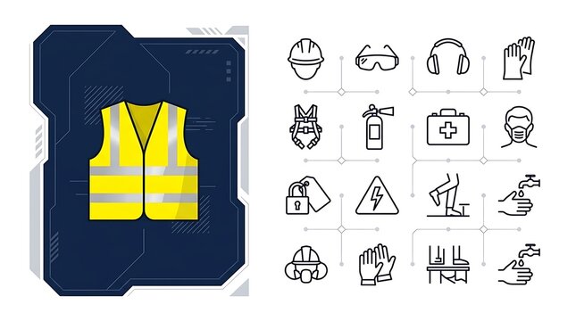 Workplace Health and Safety Icons with Yellow High-Visibility Reflective Vest