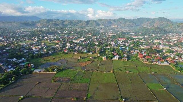 Aerial drone footage of Bima city area, with many buildings and houses, green rice fields in the front, at sunrise with clouds, in Sumbawa island, Indonesia, and hills behind