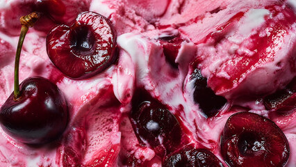 Gourmet cherry ice cream texture with dark berry chunks, rich fruity dessert