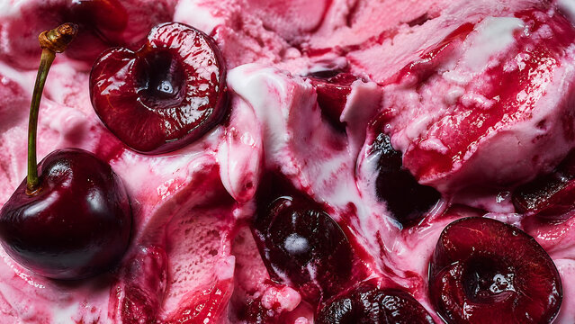 Gourmet cherry ice cream texture with dark berry chunks, rich fruity dessert