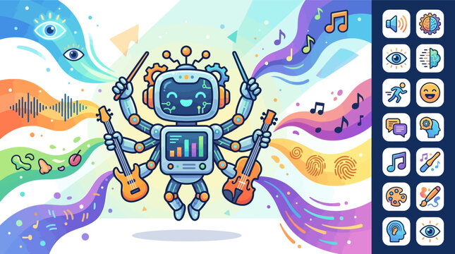 Cute chibi multi-armed robot playing guitar and violin with colorful musical sound waves, artificial intelligence sensory icons, and digital data visualization flat vector.