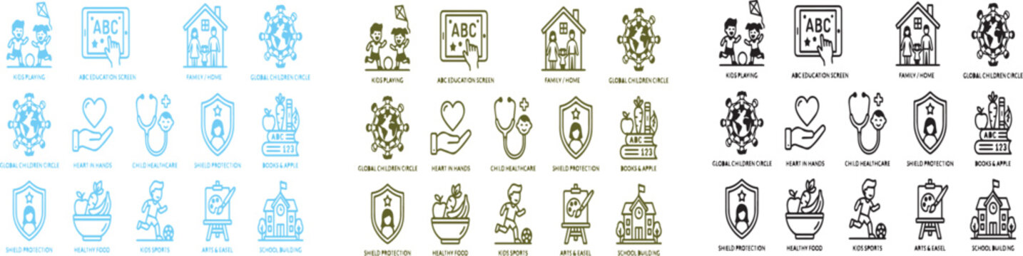Children's icon set education family health and global community concepts