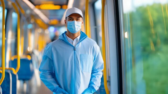 Young man in a protective medical mask and light blue jacket stands confidently inside a modern city tram. Public transport safety and urban lifestyle during pandemic times are highlighted here