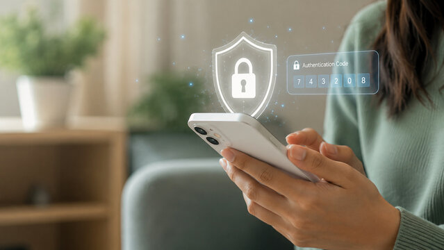 Close up of person holding smartphone with digital security shield and authentication code overlay for cyber security concept