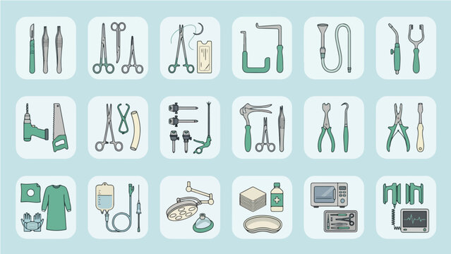 Surgical Instrument and Operating Room Equipment App Icon Collection with Scalpel Forceps Bone Drill Laparoscope and Medical Tool Set Vector Illustration