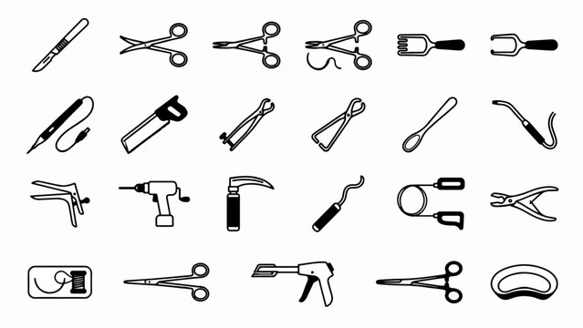 Surgical Instrument Icon Set Collection with Scalpel Scissors Forceps Retractor Bone Drill and Operation Tool Outline Black Vector